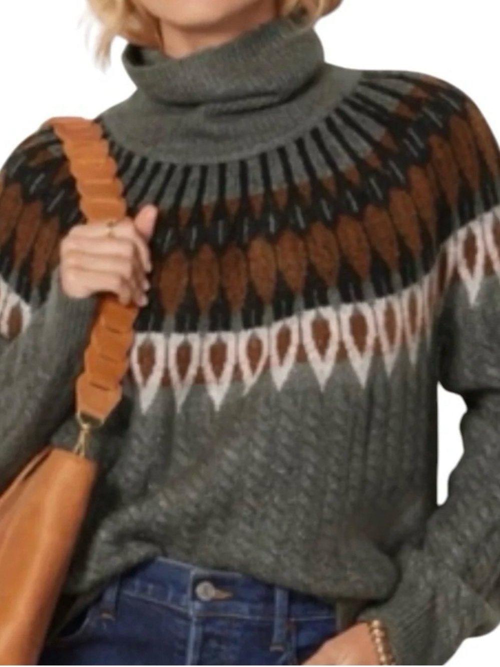Evereve Hadley Fair Isle Oversized Turtleneck Sweater green brown large